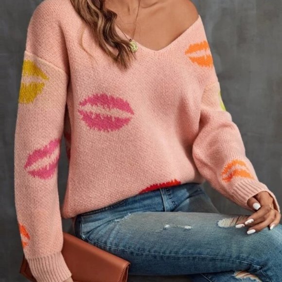 Lip Print v-neck lip Sweater top preppy contemporary Casual - Picture 5 of 7